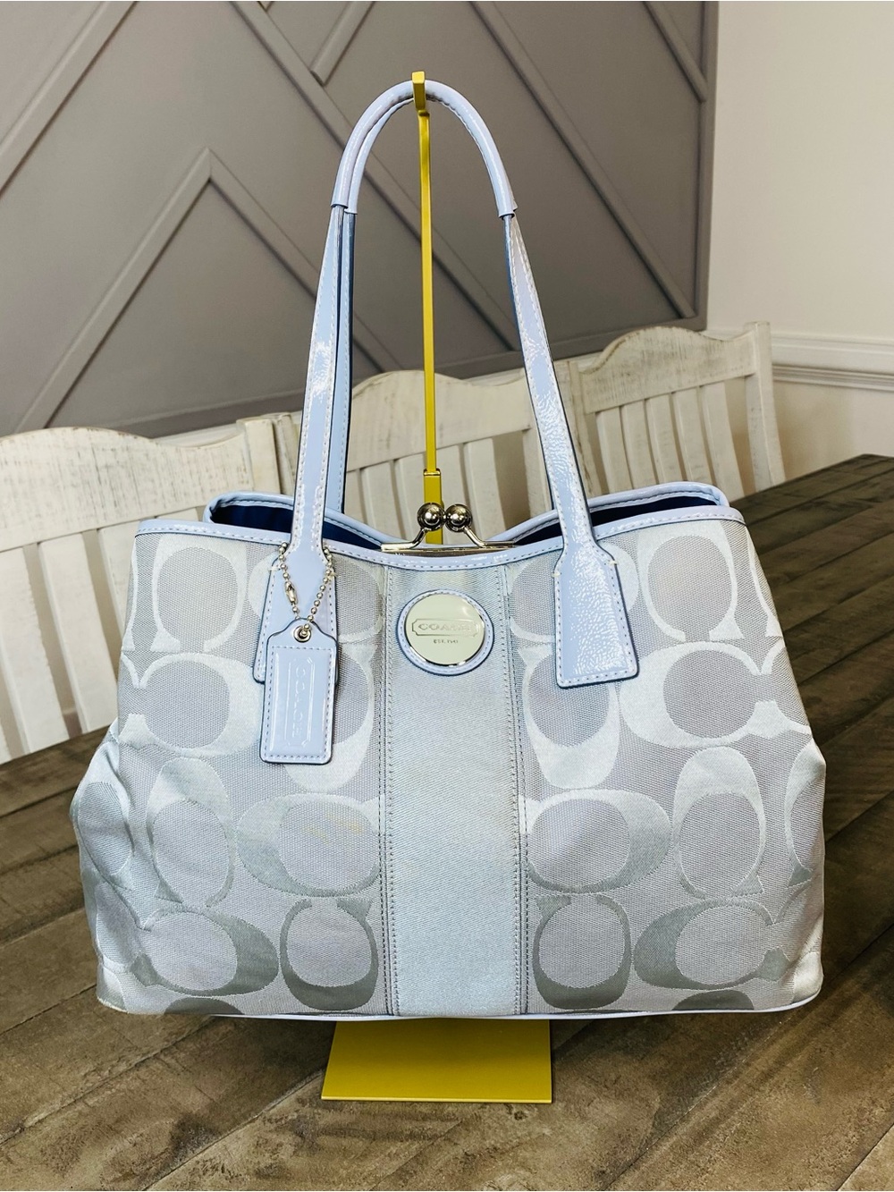 Coach F17424 Signature Stripe Kiss Lock Carryall Tote Silver Gray Handbag